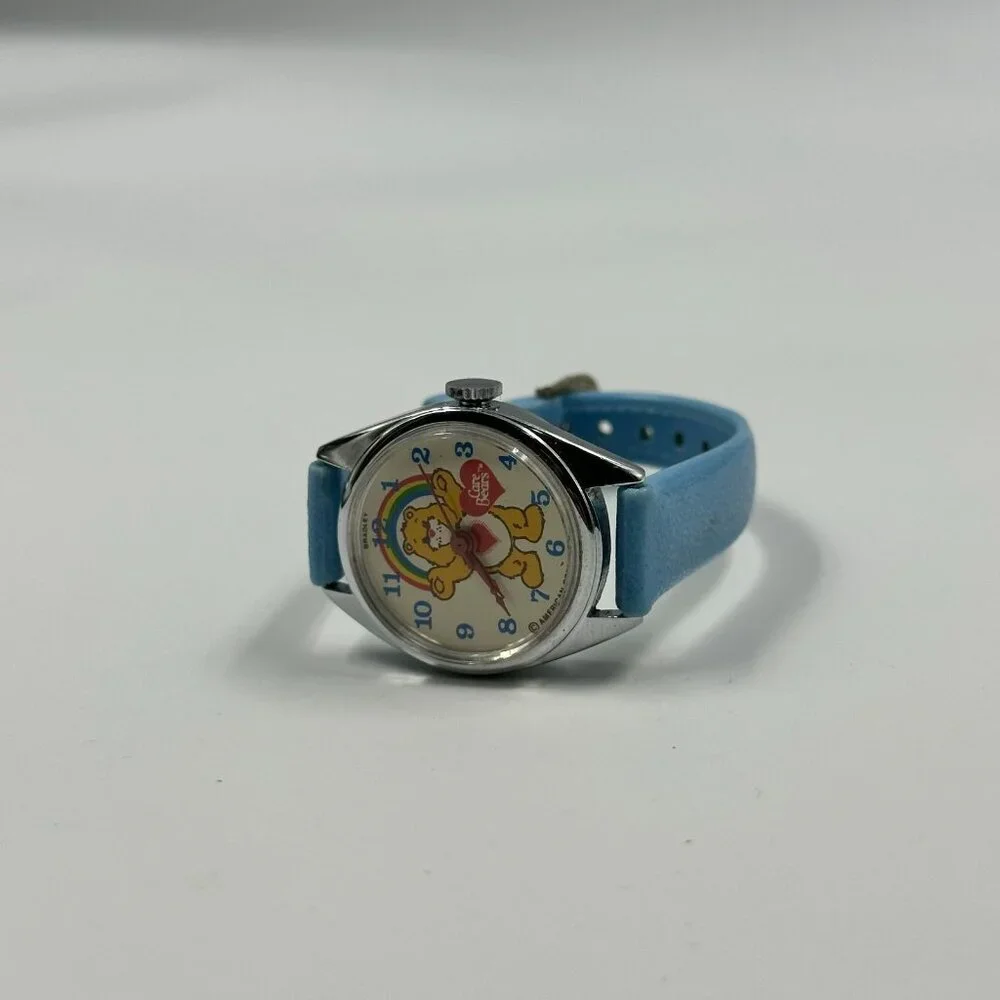 Vintage Bradley Care Bears Watch Kids Silver Tone Blue Leather Band Manual Wind
